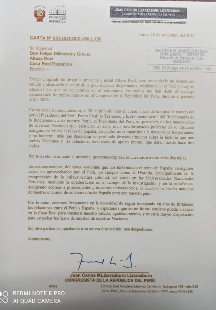 carta de congresista lizarzaburo al rey de españa