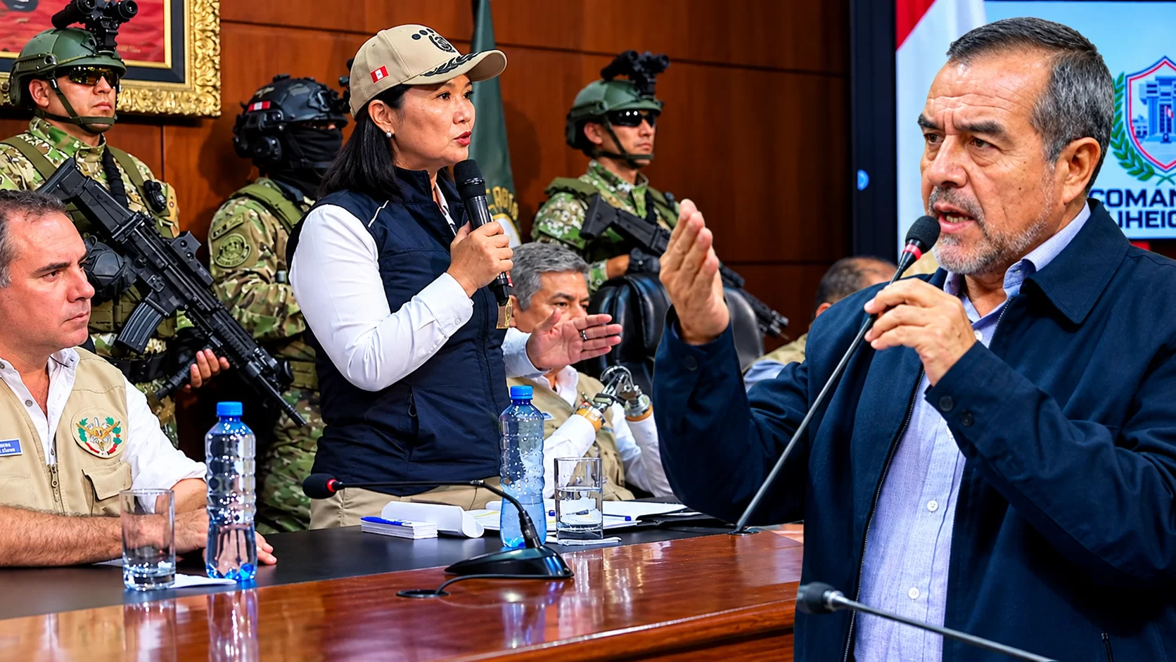 Keiko Fujimori flanqueada por militares de las Fuerzas Armadas con armas largas durante la presentación del Comando Unificado.