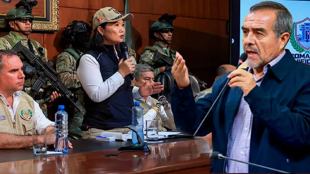 En una clara muestra de intimidación, Keiko Fujimori posó flanqueada por militares de las Fuerzas Armadas con armas largas, en un mensaje visual dirigido a la oposición y al senador Iver Maraví).